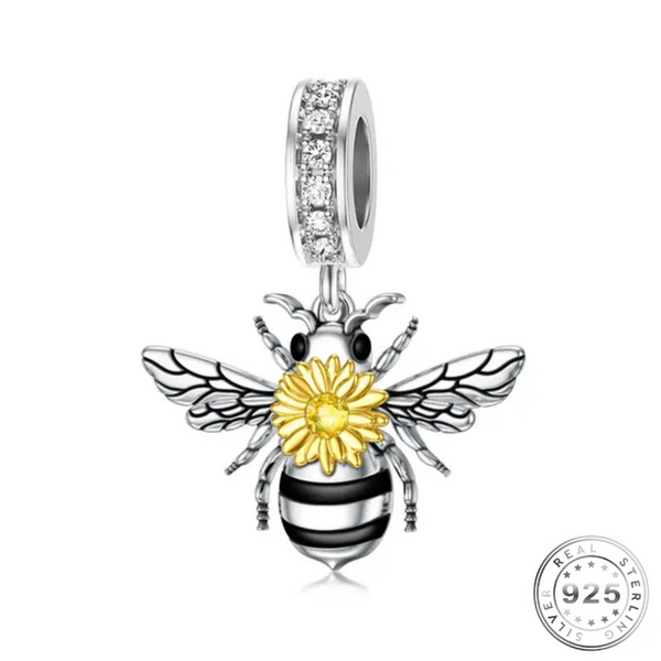 Bee and Sunflower Charm 925 Sterling Silver ( fits pandora )