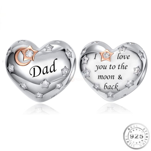 Dad Heart Charm 925 Sterling Silver I Love You to Moon fits Pandora bracelet