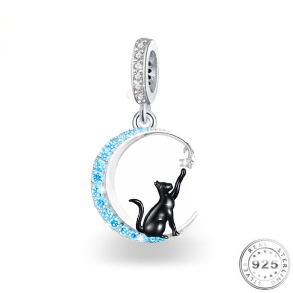 925 Sterling Silver Charm | Black Cat In Moon Charm | Charms Kingdom