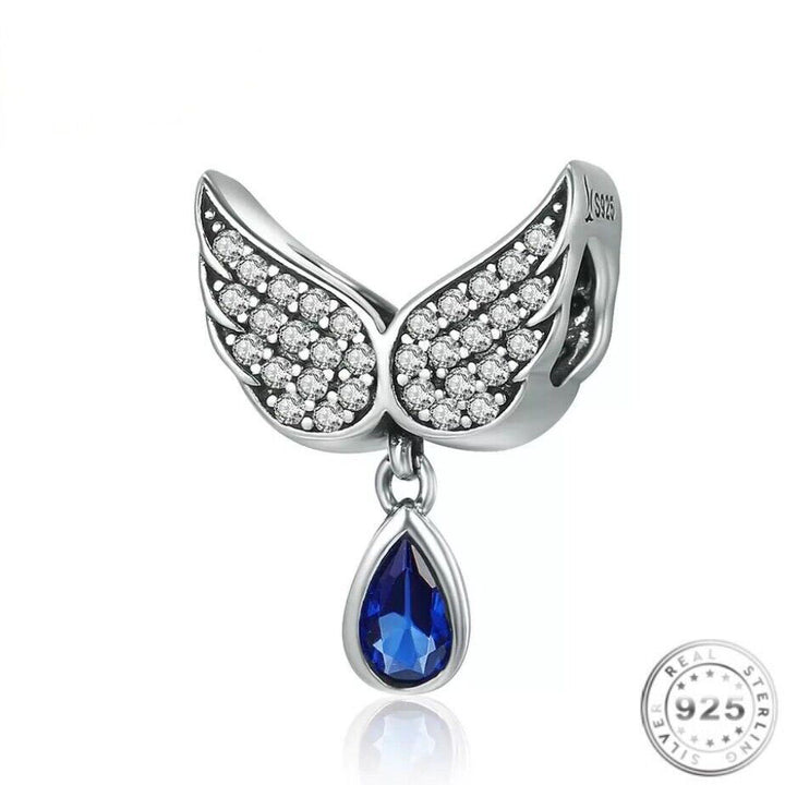 Blue Crystal Charm | Silver Memorial Wings Charm | Charms Kingdom