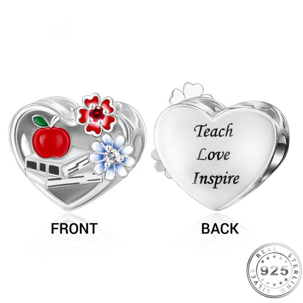 Pandora fitting Teacher Heart Charm Genuine 925 Sterling Silver - Teach Love Inspire GIFT