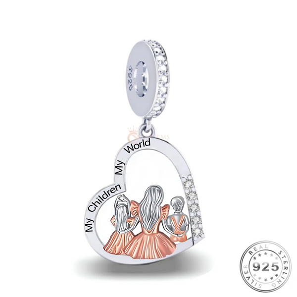 Children My World Son Daughter Mummy Charm 925 Sterling Silver ( fits Pandora)