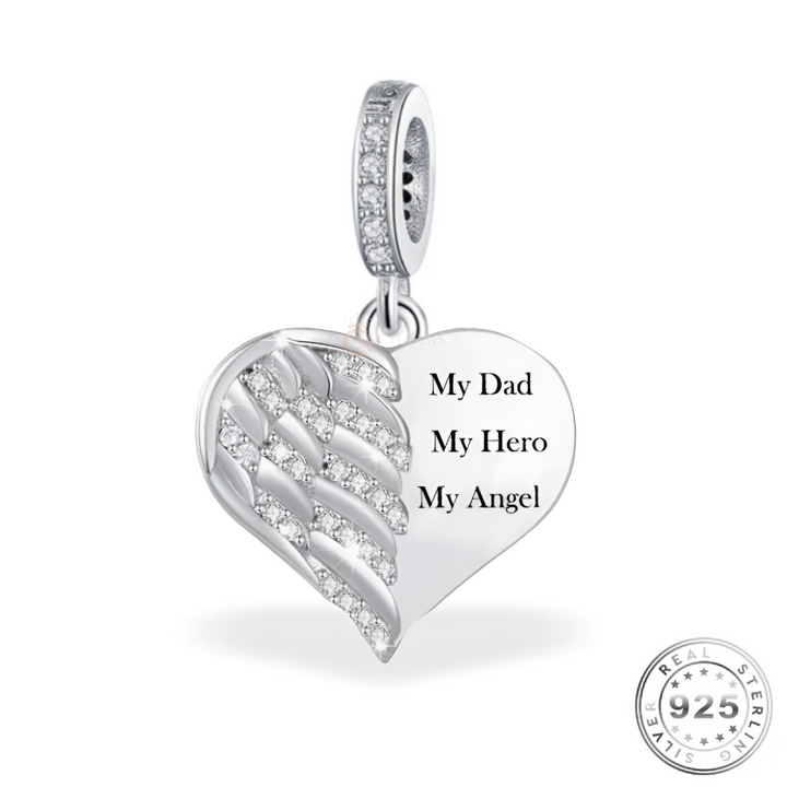 Dad My Hero Angel Wing Heart Charm 925 Sterling Silver ( fits pandora )