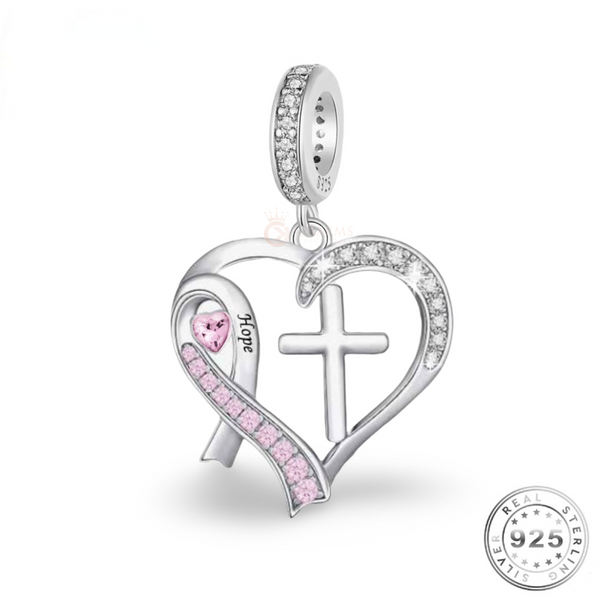Pink Cancer Ribbon & Cross Charm 925 Sterling Silver - Hope FITS pandora