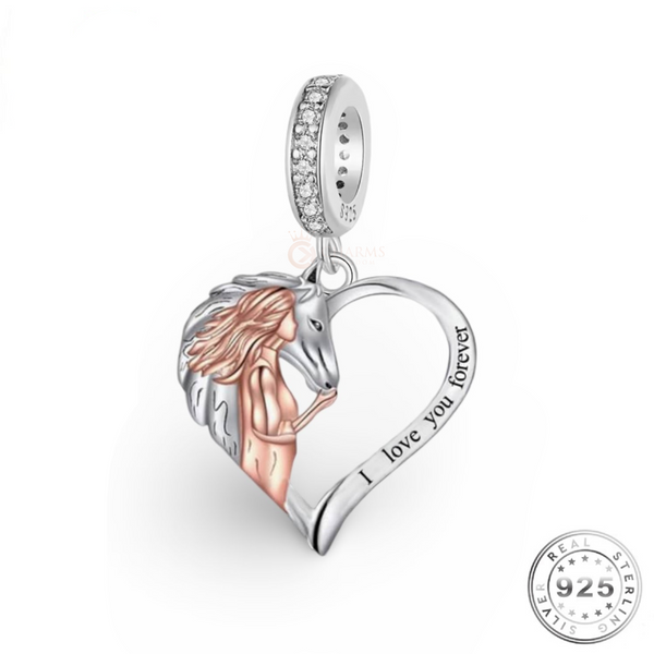Horse & Girl Charm 925 Sterling Silver and Rose Gold -  I love you forever fits Pandora