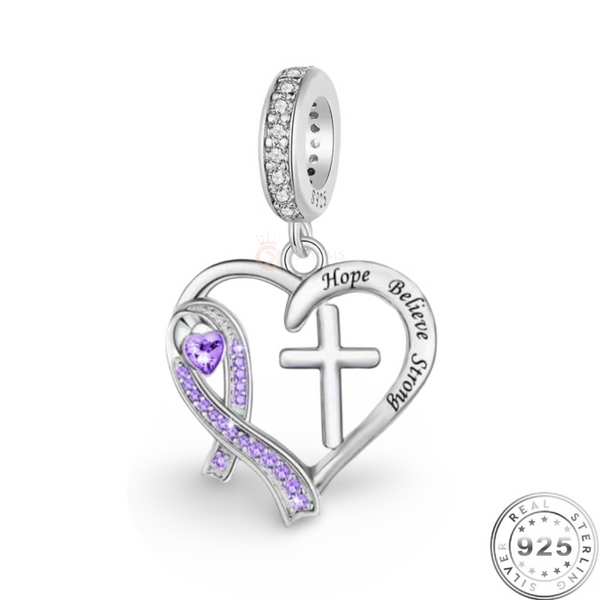 Purple Awareness Ribbon & Cross Charm 925 Sterling Silver FITS PANDORA