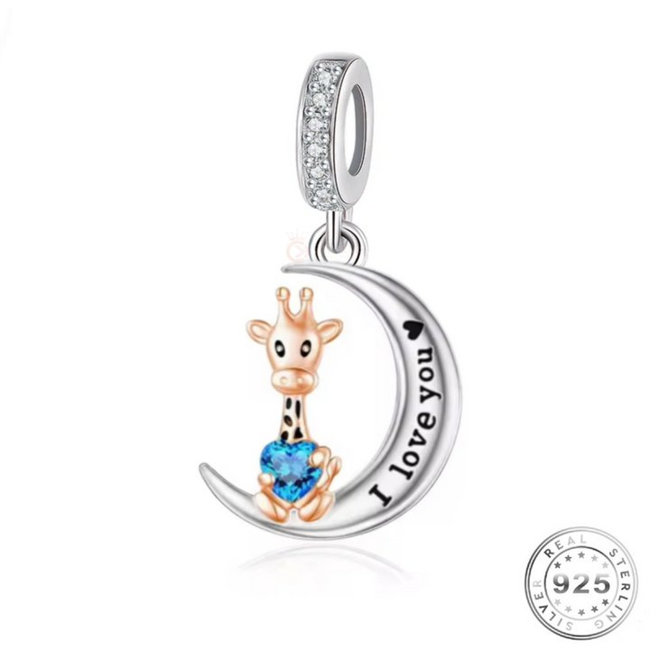 Giraffe in Moon Charm 925 Sterling Silver and Rose Gold - I Love You fits Pandora