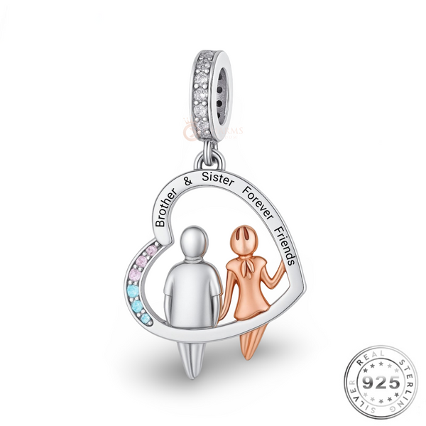 Brother & Sister Heart Dangle Charm 925 Sterling Silver fits Pandora