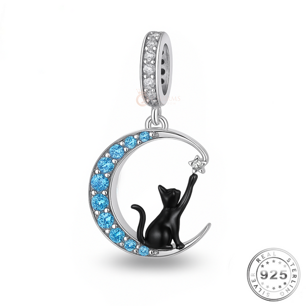 Black Cat In Moon Charm 925 Sterling Silver fits Pandora