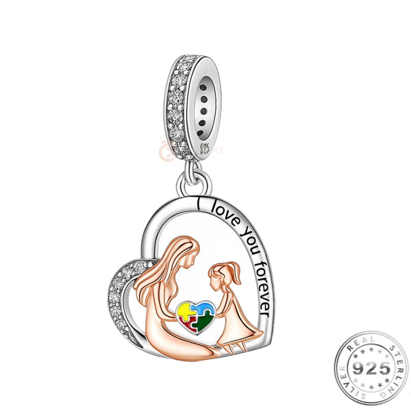 Mum & Daughter Autism Awareness Puzzle Charm 925 Sterling Silver fits Pndora