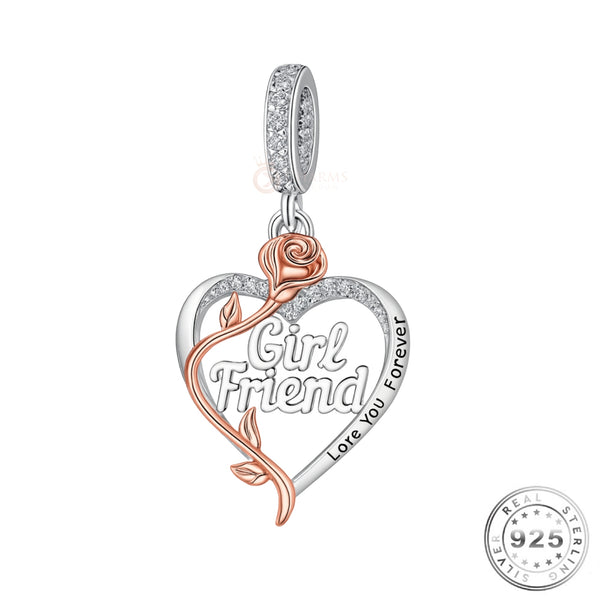 Girlfriend Heart Dangle Charm 925 Sterling Silver & Rose Gold fits Pandora