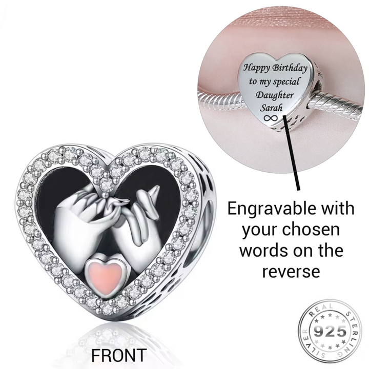 Pandora Fitting Engraved Holding Hands Heart Charm 925 Sterling Silver - Personalised Pinky Promise