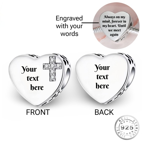 Pandora Fitting Engraved Cross Heart Charm Genuine 925 Sterling Silver - Personalised Religious Gift Memorial