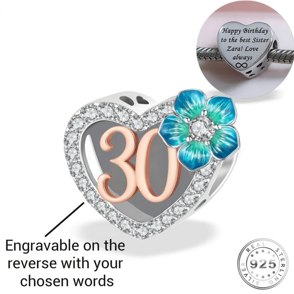 Engraved 30th Birthday Charm 925 Sterling Silver - Personalised 30 years FITS Pandora