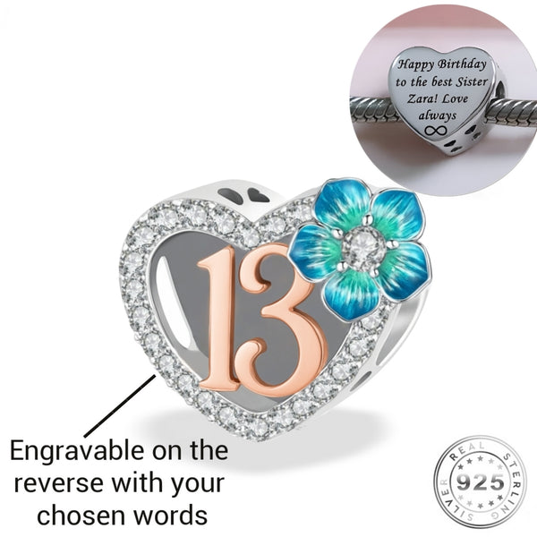 Engraved 13th Birthday Charm 925 Sterling Silver - Personalised fits Pandora
