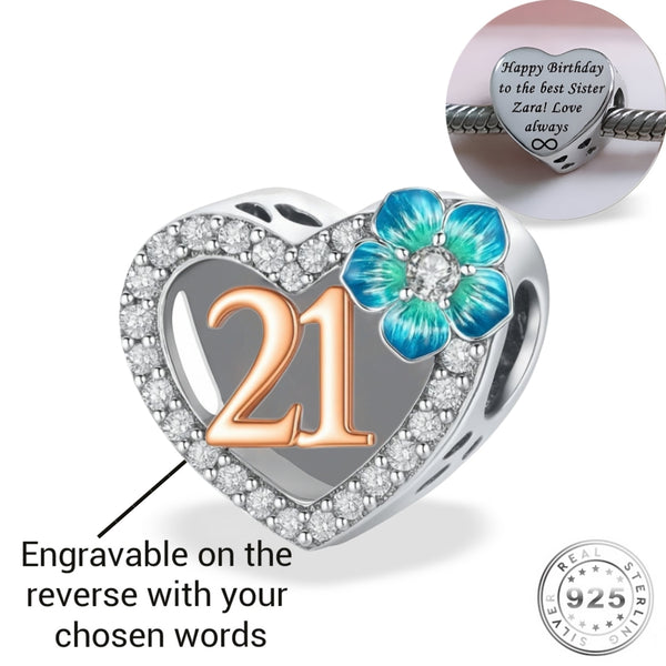 Engraved 21st Birthday Charm 925 Sterling Silver - Personalised 21 years FITS pandora