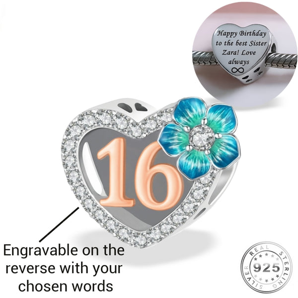 Engraved 16th Birthday Charm 925 Sterling Silver - Personalised 16 years - fits Pandora