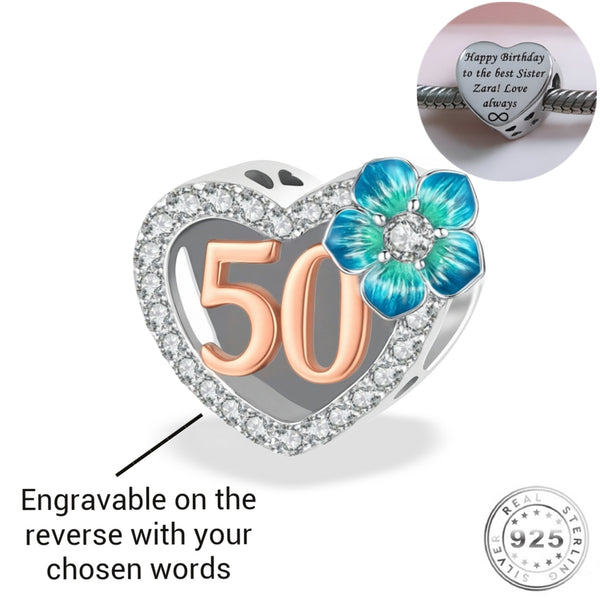 Engraved 50th Birthday Charm 925 Sterling Silver - Personalised 50 years FITS Pandora