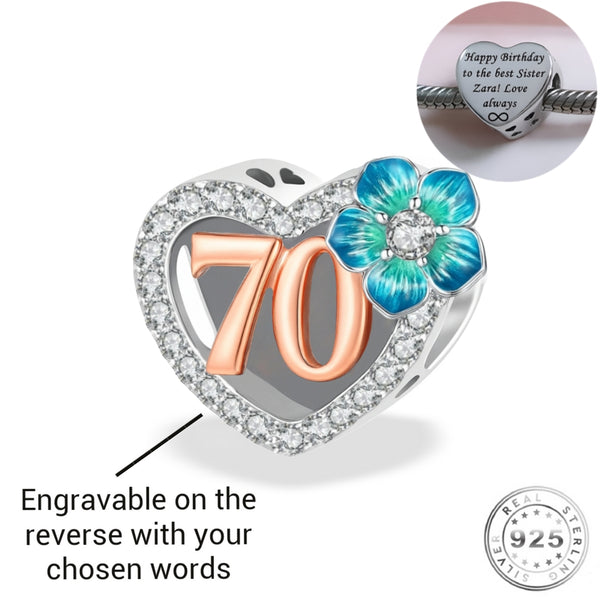 Engraved 70th Birthday Charm 925 Sterling Silver - Personalised 70 years FITS Pandora