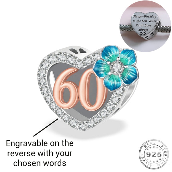 Engraved 60th Birthday Charm 925 Sterling Silver - Personalised 60 years FITS Pandora