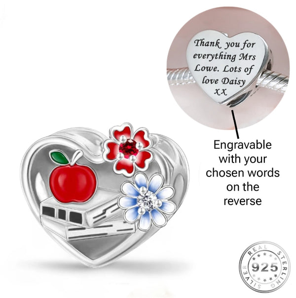 Pandora Fitting Engraved Teacher Charm 925 Sterling Silver - Personalised Leaving School gift 