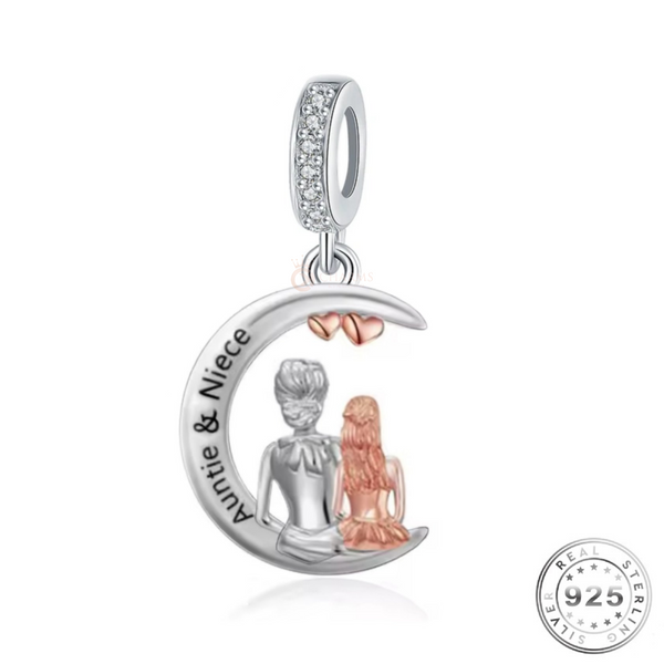 Niece & Auntie Charm 925 Sterling Silver and Rose Gold Moon fits Pandora