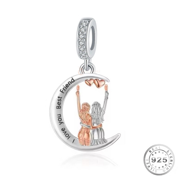 Best Friend Charm 925 Sterling Silver and Rose Gold Moon - I Love You fits Pandora