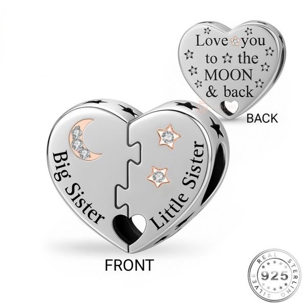 Big Sister & Little Sister Heart Charm 925 Sterling Silver & Rose Gold fits Pandora