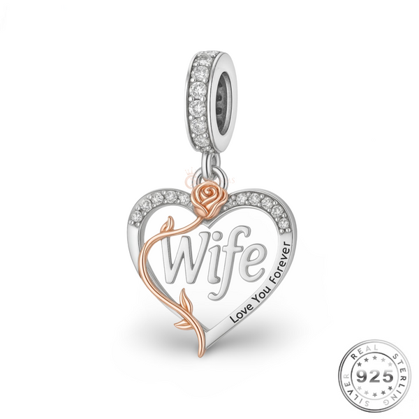Wife Heart Dangle Charm 925 Sterling Silver & Rose Gold fits pandora