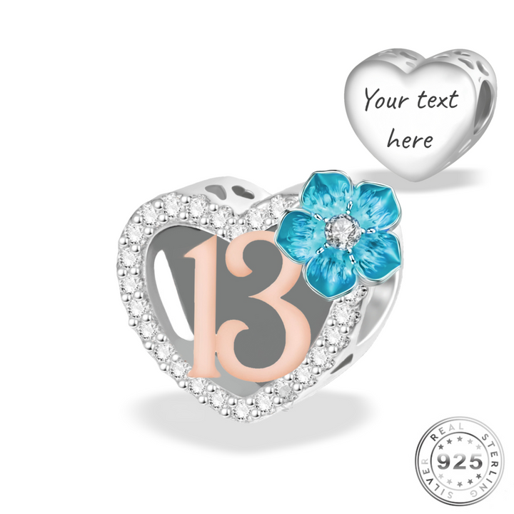 Engraved 13th Birthday Charm 925 Sterling Silver - Personalised with your text (fits pandora)