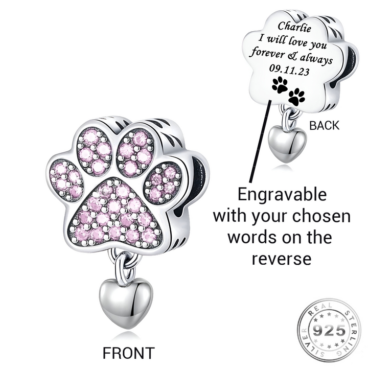 Engraved Dog / Cat Pink Paw Charm 925 Sterling Silver- Personalised - compatible with pandora