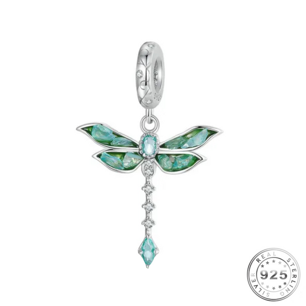 Dragonfly Charm 925 Sterling Silver & Green Crystal ( fits pandora )