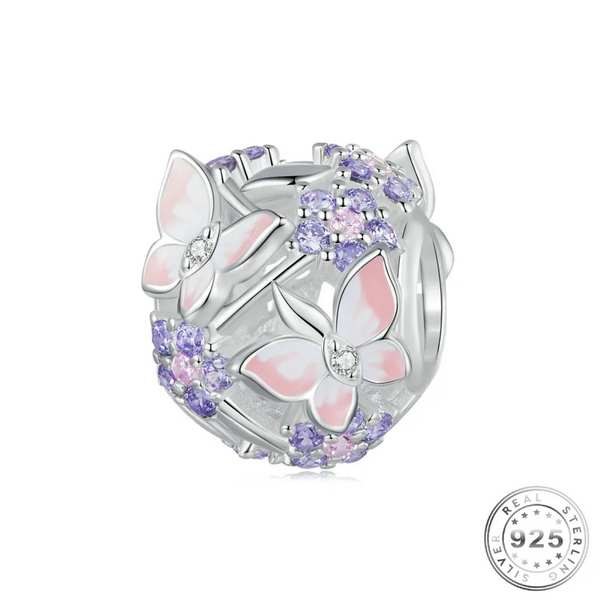 Butterfly & Purple Flowers Charm 925 Sterling Silver ( fits pandora )