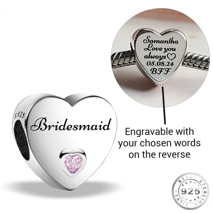 Engraved Bridesmaid Charm 925 Sterling Silver- Personalised ( fits pandora )