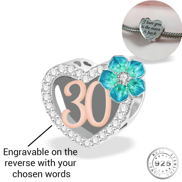 Engraved 30th Birthday Charm 925 Sterling Silver - Personalised with your text ( fits pandora )