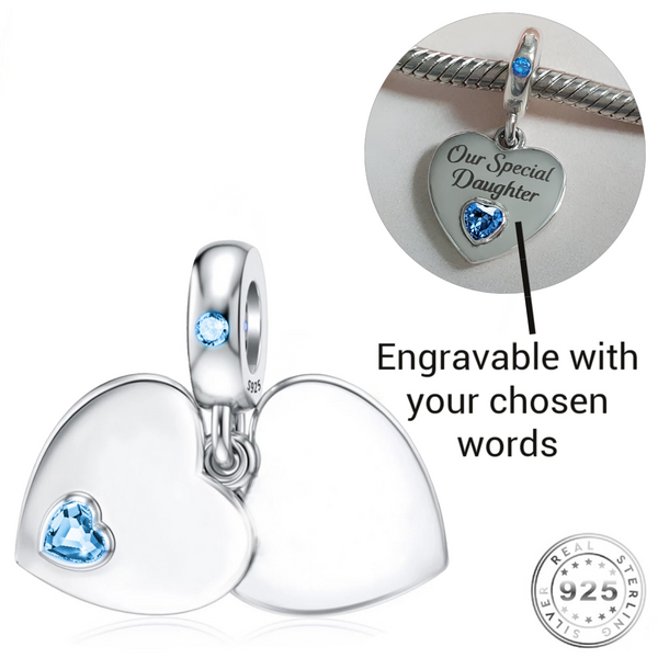 Engraved Heart Dangle Charm 925 Sterling Silver - Personalised ( fits pandora )