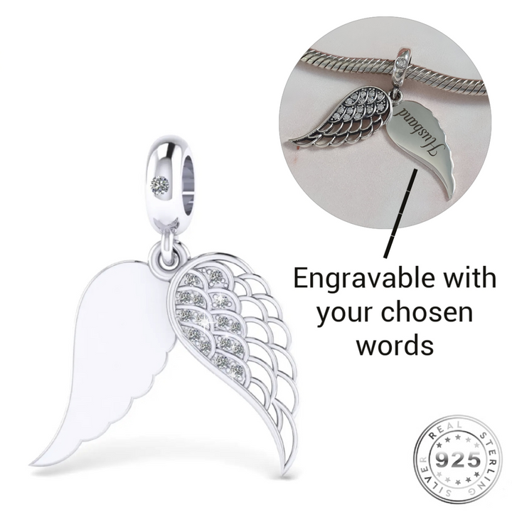 Engraved Angel Wing Charm 925 Sterling Silver - Personalised with your text Memorial ( fits pandora )