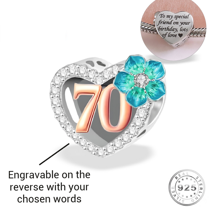 Engraved 70th Birthday Charm 925 Sterling Silver - Personalised with your text ( fits pandora )