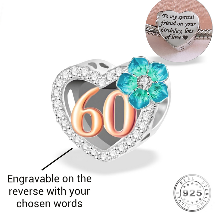 Engraved 60th Birthday Charm 925 Sterling Silver - Personalised with your text ( fits pandora )