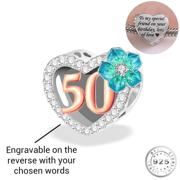 Engraved 50th Birthday Charm 925 Sterling Silver - Personalised with your text (fits pandora )