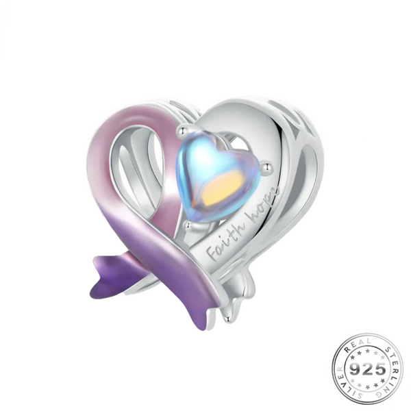 Purple Awareness Ribbon Charm 925 Sterling Silver ( fits pandora ) The Purple Ribbon is commonly used to raise awareness for Alzheimers Disease, pancreatic cancer, thyroid cancer, Crohn's disease, colitis, cystic fibrosis, lupus, fibromyalgia and Domestic Violence.