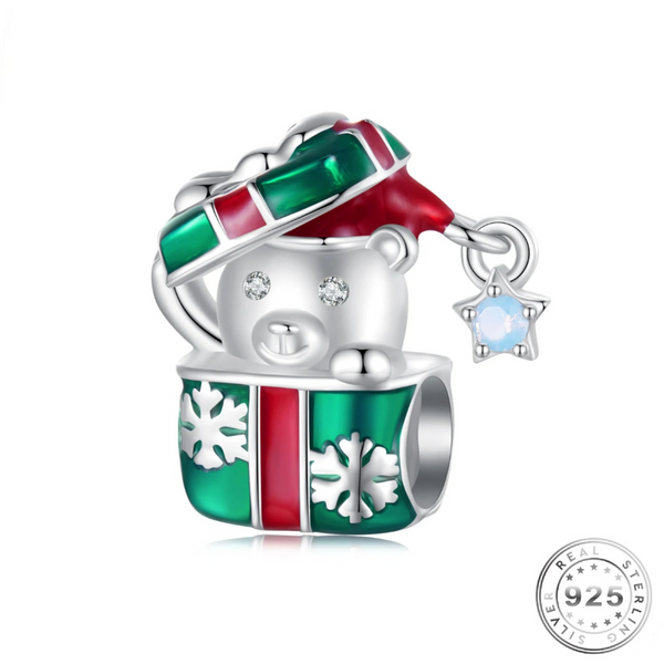 Christmas Bear & Present Charm 925 Sterling Silver ( fits pandora )